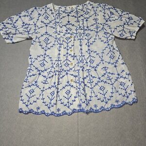 Kindred Womens Blue White Embroidered Cotton Button Front Puff Sleeve Top Size M